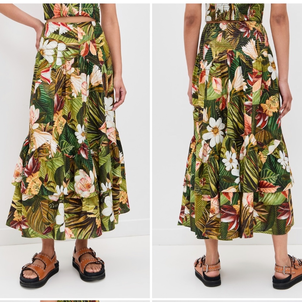 NWT - FARM Rio Botanical Forest Asymmetric Yoke Midi Skirt  Botanical Forest L